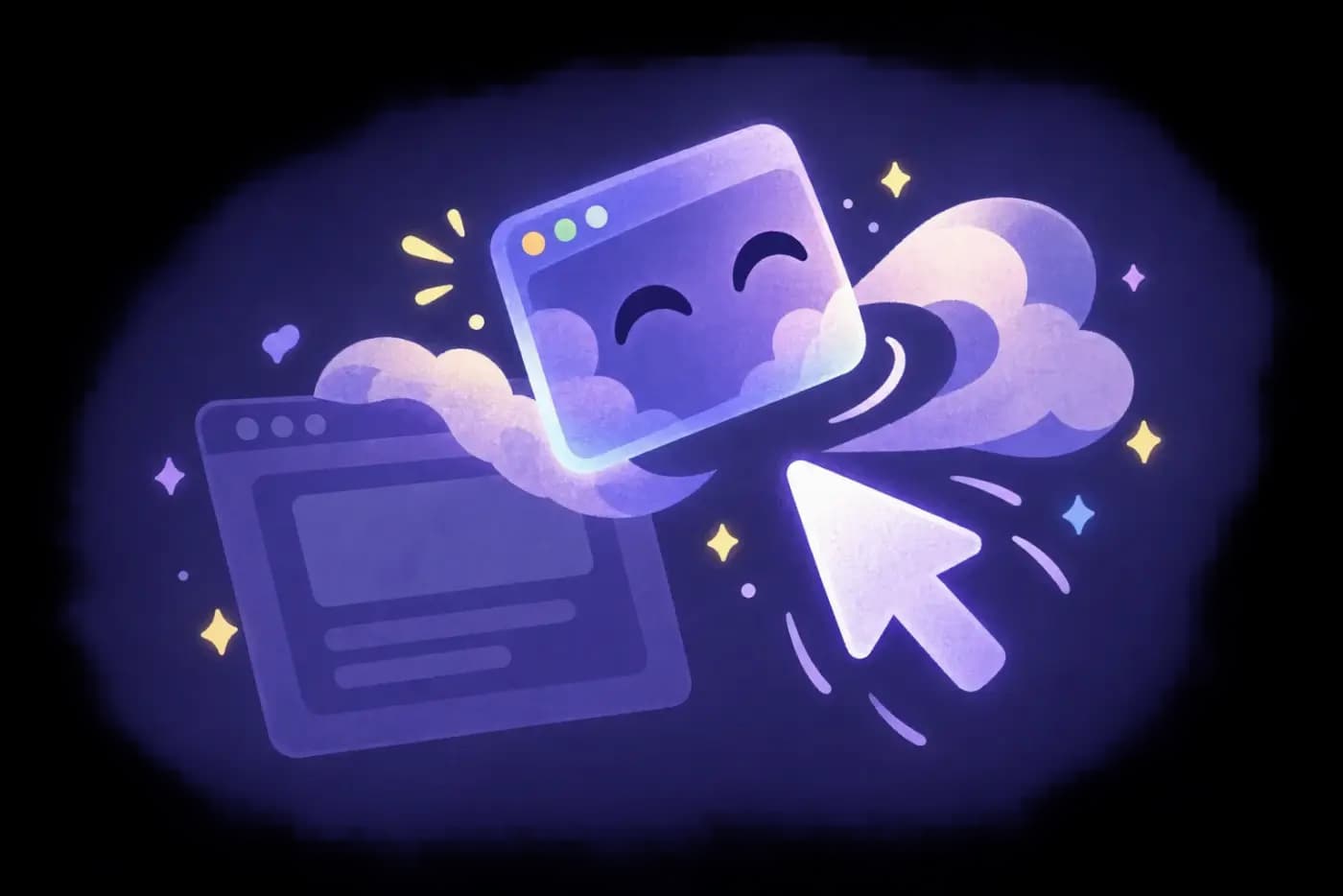 A smiling ShyWindow window floating on a cloud, dodging away from a mouse cursor