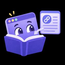 A friendly purple window reading an open book with a linked reference page beside it